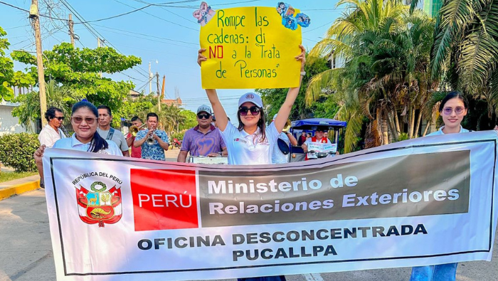 “No dejar a ningún niño atrás”: Cancillería Pucallpa reafirma compromiso en caminata de sensibilización contra la trata de personas