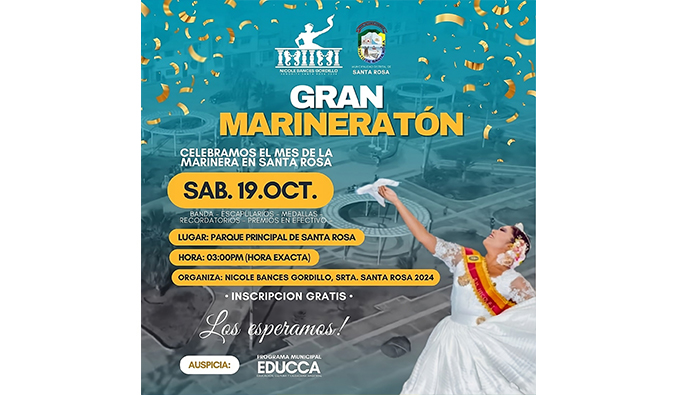 La MARINERA, siendo nuestro baile más emblemático en el Perú definitivamente no se puede dejar pasar por alto.
Santa Rosa, invita a todas las generaciones de diferentes distritos, a competir demostrando su capacidad física bailando marinera sin parar.
¡Están todo cordialmente invitados a deleitarse con nuestra salerosa marinera norteña!
📌Las inscripciones son TOTALMENTE GRATUITAS.
📌INFORMES: 906181855
.
•Organiza: Señorita Santa Rosa 2024 👑
•Con el auspicio de la Municipalidad distrital de Santa Rosa y el Programa Municipal EDUCCA