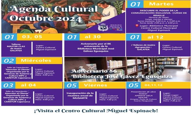 🎉 ¡Este mes celebramos el 87º aniversario de nuestra querida Biblioteca Municipal José Gálvez Egúsquiza! 🎉
📅 Actividades Programadas:
Talleres de lectura 📖
Charlas con autores locales 🗣
Exposiciones de arte 🎨
Y mucho más…
¡No te pierdas ninguna de nuestras actividades!
🌇 ¡Con Joaquin Ramirez, Cajamarca Renace