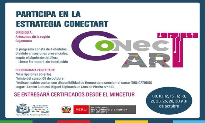 ¡Participa de la Estrategia CONECTART dirigida a Artesanos de la Región Cajamarca!
📋 𝐑𝐄𝐐𝐔𝐈𝐒𝐈𝐓𝐎𝐒
Tener Registro Nacional del Artesano (RNA) y contar con celular smartphone e internet.
📚 𝐂𝐎𝐍𝐓𝐄𝐍𝐈𝐃𝐎 𝐃𝐄𝐋 𝐂𝐔𝐑𝐒𝐎 𝐘 𝐃𝐔𝐑𝐀𝐂𝐈𝐎́𝐍
El programa consta de 4 módulos, divididos en sesiones presenciales, según el siguiente detalle:
📝 𝐈𝐍𝐒𝐂𝐑𝐈𝐏𝐂𝐈𝐎́𝐍 𝐀 𝐋𝐀 𝐄𝐒𝐓𝐑𝐀𝐓𝐄𝐆𝐈𝐀 𝐂𝐎𝐍𝐄𝐂𝐓𝐀𝐑𝐓:
Formulario de inscripción: 🔗https://forms.gle/yUidrEcXMibv6jU78
📅 𝐂𝐑𝐎𝐍𝐎𝐆𝐑𝐀𝐌𝐀 𝐂𝐎𝐍𝐄𝐂𝐓𝐀𝐑𝐓:
• Inscripciones abiertas
• Inicio del curso: Primera semana de octubre
• Indispensable: contar con disponibilidad de tiempo para concluir el curso (OBLIGATORIO)
• Lugar: Centro Cultural Miguel Espinach, Jr. Cruz de Piedra nº 613
🌟 ¡No pierdas la oportunidad de aprender, dirigido a artesanos de la región Cajamarca!
¡Te esperamos!