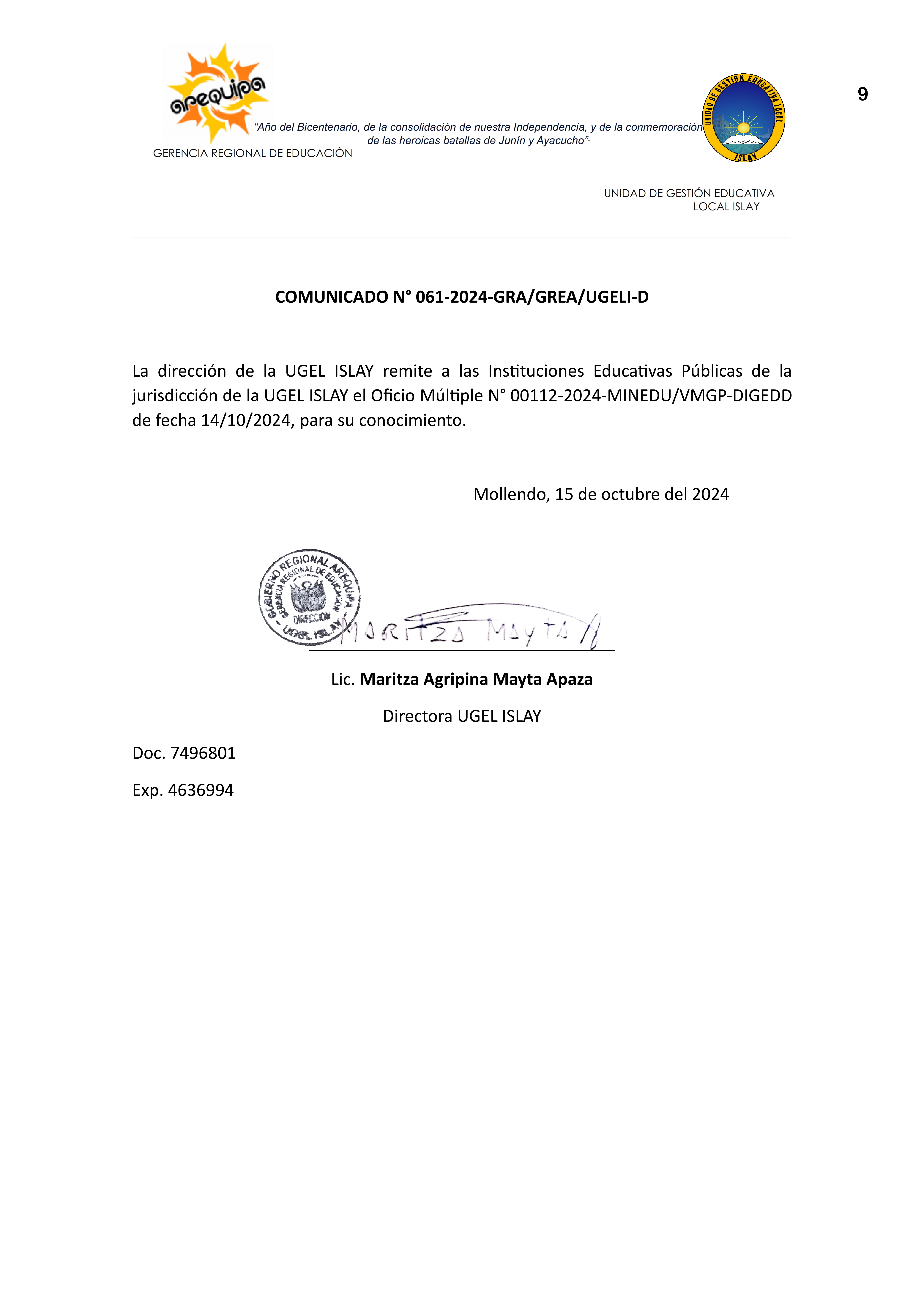Comunicado N° 061-2024-GRA/GREA/UGELI-D