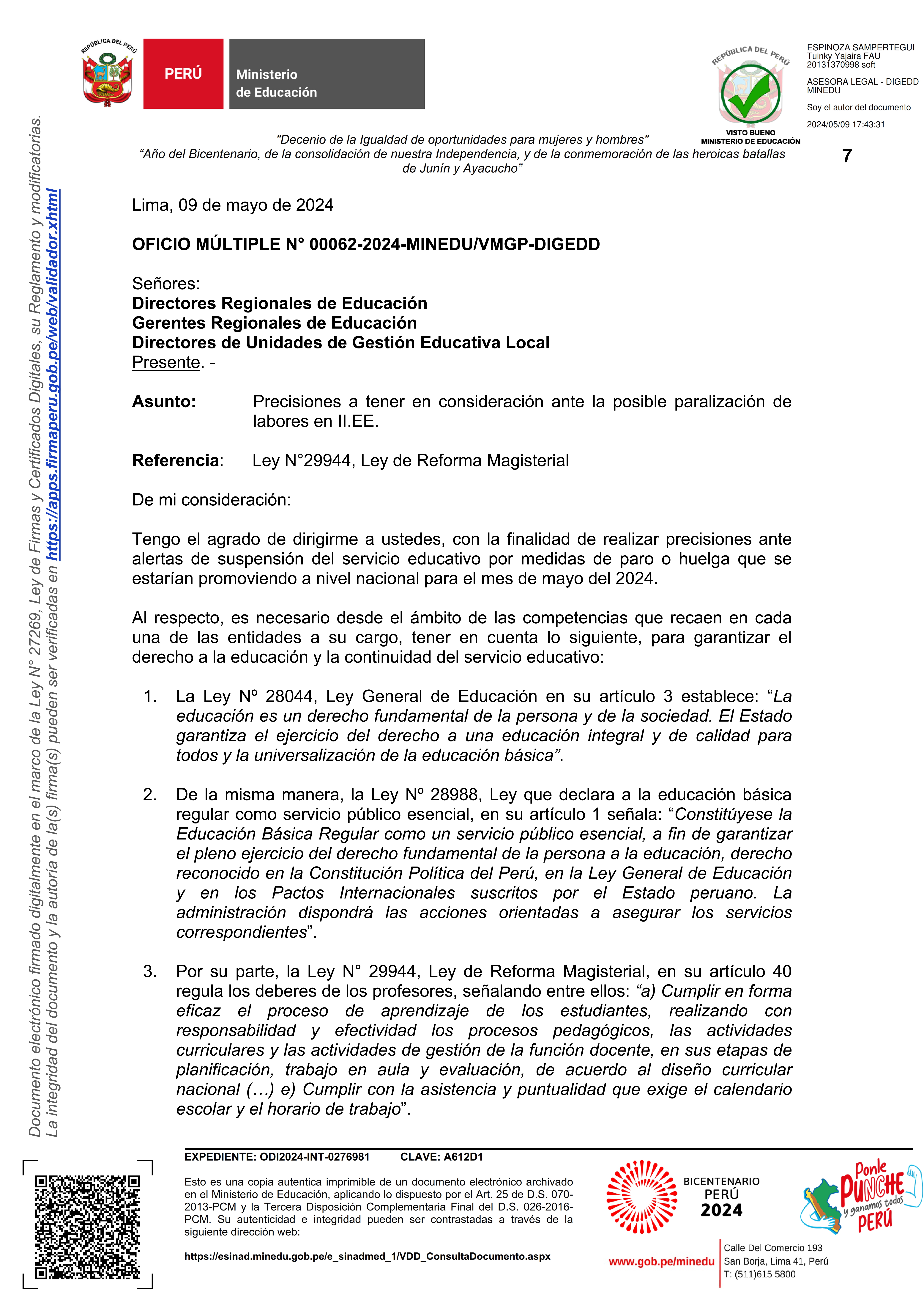 Comunicado N° 061-2024-GRA/GREA/UGELI-D