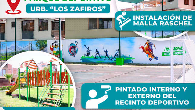 La Municipalidad de Paucarpata viene realizando mantenimiento de los Complejos Deportivos del distrito. En esta oportunidad se viene interviniendo el Parque Deportivo de la Urbanización Los Zafiros en la parte baja del distrito.
MEJORAMIENTO DE LOS JUEGOS INFANTILES E INSTALACIÓN DE MAQUINAS DE GIMNASIO.
INSTALACIÓN DE NUEVA MALLA RASCHELL.
PINTADO INTERNO Y EXTERNO DEL RECINTO DEPORTIVO.
MANTENIMIENTO DE LOS SERVICIOS HIGIÉNICOS.