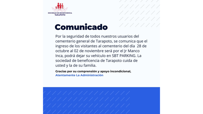 Por encargo de la Sociedad de Beneficencia de Tarapoto, La Municipalidad Provincial de San Martín comunica.