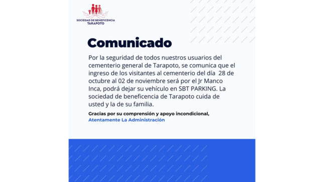 Por encargo de la Sociedad de Beneficencia de Tarapoto, La Municipalidad Provincial de San Martín comunica.