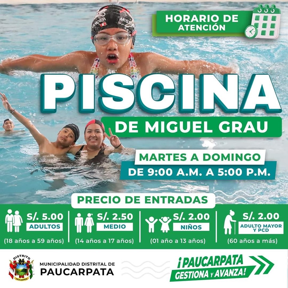 Aquí les dejamos el horario y costo de ingreso a la Piscina Municipal de Miguel Grau
Desde los S/ 2.00 para ingresar a una piscina temperada y saludable para disfrutar con los niños, los patas y toda la FAMILIA.
HORARIO de Atención: De Martes a Domingo de 9:00 a.m. hasta las 5:00 p.m. #Recuerda llevar tu DNI de forma OBLIGATORIA.