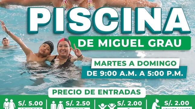 Aquí les dejamos el horario y costo de ingreso a la Piscina Municipal de Miguel Grau 
Desde los S/ 2.00 para ingresar a una piscina temperada y saludable para disfrutar con los niños, los patas y toda la FAMILIA.
HORARIO de Atención: De Martes a Domingo de 9:00 a.m. hasta las 5:00 p.m. #Recuerda llevar tu DNI de forma OBLIGATORIA.