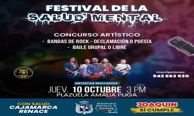 π La Municipalidad Provincial de Cajamarca, a travΓ©s de la subgerencia de Salud, invita a la comunidad a participar en el Festival de la Salud Mental, un concurso artΓstico diseΓ±ado para resaltar la importancia de cuidar nuestra salud mental.
πΆ El evento se llevarΓ‘ a cabo el jueves 10 de octubre a partir de las 3 de la tarde en la plazuela Amalia Puga, y contarΓ‘ con presentaciones de bandas de rock, declamaciΓ³n, poesΓa, asΓ como baile grupal y libre. Este festival busca fomentar un espacio de expresiΓ³n y reflexiΓ³n sobre la salud mental en un ambiente festivo y creativo.
π Β‘Con JoaquΓn RamΓrez, Cajamarca Renace!