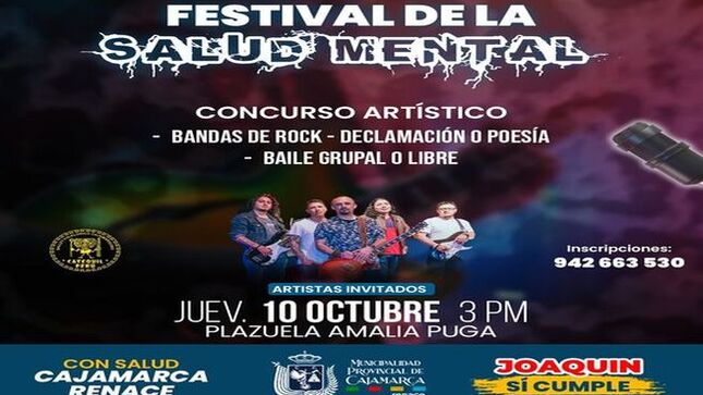 🏛 La Municipalidad Provincial de Cajamarca, a través de la subgerencia de Salud, invita a la comunidad a participar en el Festival de la Salud Mental, un concurso artístico diseñado para resaltar la importancia de cuidar nuestra salud mental.
🎶 El evento se llevará a cabo el jueves 10 de octubre a partir de las 3 de la tarde en la plazuela Amalia Puga, y contará con presentaciones de bandas de rock, declamación, poesía, así como baile grupal y libre. Este festival busca fomentar un espacio de expresión y reflexión sobre la salud mental en un ambiente festivo y creativo.
🌟 ¡Con Joaquín Ramírez, Cajamarca Renace!