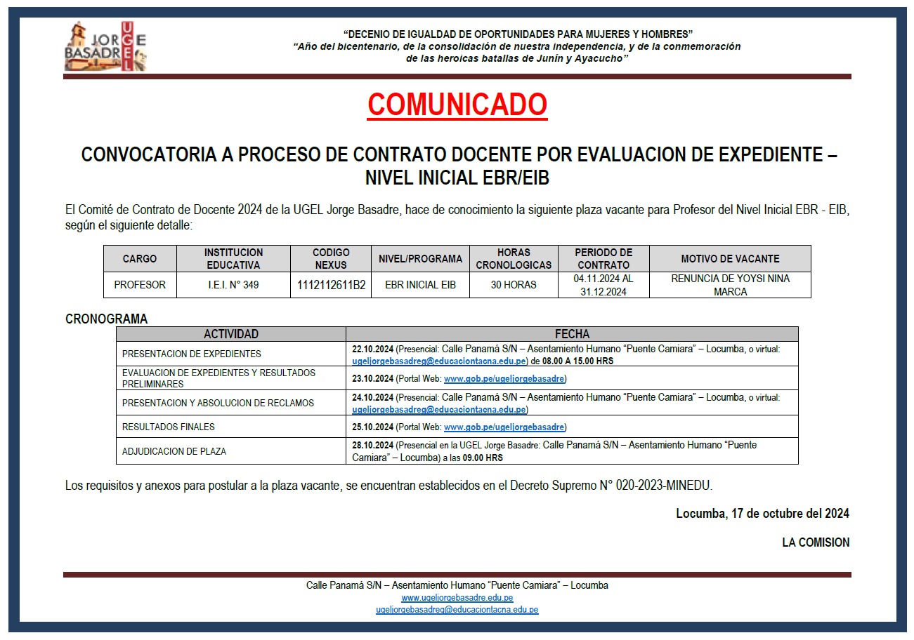 CONVOCATORIA A PLAZA VACANTE NIVEL INICIAL EBR-EIB