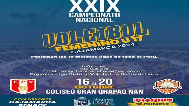 🏆 La Municipalidad Provincial de Cajamarca, en alianza con la Liga Distrital de Vóleibol de Baños del Inca y la Federación Peruana de Vóleibol (FPV), llevará a cabo el XXIX Campeonato Nacional de Vóleibol Femenino U17 del 16 al 20 de octubre de 2024 en el coliseo Qhapaq Ñan.
🌟 Este evento deportivo reunirá a las mejores jugadoras juveniles de voleibol del país, incluyendo a aquellas que han participado en competencias internacionales. Cajamarca se enorgullece de ser la sede de este importante torneo nacional, que servirá para destacar el talento y el potencial de las promesas del voleibol peruano.
🎉 ¡Con Joaquín Ramírez, Cajamarca Renace!