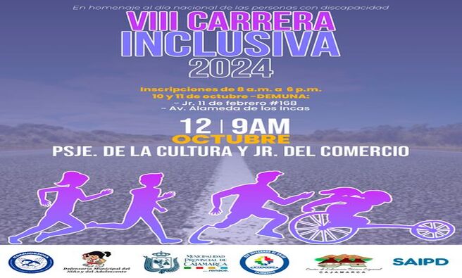 πββοΈ La Municipalidad Provincial de Cajamarca, en conmemoraciΓ³n del DΓa Nacional de las Personas con Discapacidad, organizarΓ‘ la VIII Carrera Inclusiva el 12 de octubre de 2024 a las 9 a.m. en el Pasaje de la Cultura y el Jr. del Comercio.
π Este evento deportivo tiene como objetivo promover la inclusiΓ³n y la participaciΓ³n de las personas con discapacidad en la comunidad.
π Las inscripciones estarΓ‘n abiertas hasta el 11 de octubre en la DEMUNA, ubicada en el Jr. 11 de febrero #168 y en la Av. Alameda de los Incas, de 8 a.m. a 6 p.m.
π La Municipalidad invita a toda la poblaciΓ³n a sumarse a esta iniciativa y celebrar juntos la diversidad y la igualdad de oportunidades.
π Β‘Con JoaquΓn RamΓrez, Cajamarca Renace!