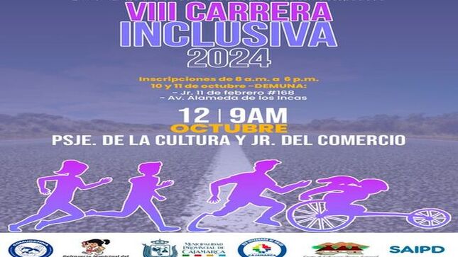 🏃‍♂️ La Municipalidad Provincial de Cajamarca, en conmemoración del Día Nacional de las Personas con Discapacidad, organizará la VIII Carrera Inclusiva el 12 de octubre de 2024 a las 9 a.m. en el Pasaje de la Cultura y el Jr. del Comercio.
🏁 Este evento deportivo tiene como objetivo promover la inclusión y la participación de las personas con discapacidad en la comunidad.
📝 Las inscripciones estarán abiertas hasta el 11 de octubre en la DEMUNA, ubicada en el Jr. 11 de febrero #168 y en la Av. Alameda de los Incas, de 8 a.m. a 6 p.m.
🙌 La Municipalidad invita a toda la población a sumarse a esta iniciativa y celebrar juntos la diversidad y la igualdad de oportunidades.
🎉 ¡Con Joaquín Ramírez, Cajamarca Renace!