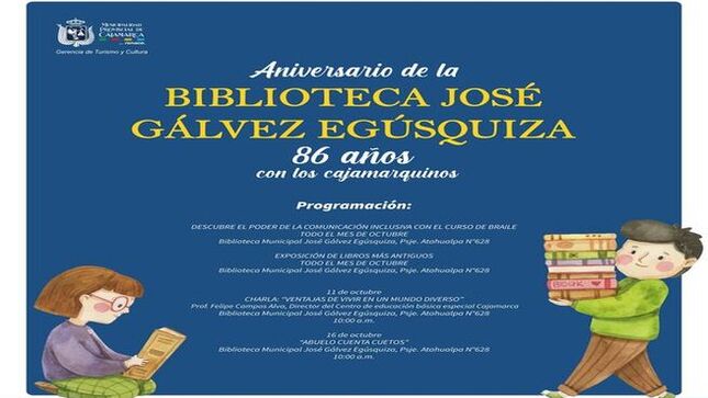 📚 Disfruta de cuentacuentos 📖, charlas inspiradoras 🗣, exposición de los libros más antiguos 📜 y fascinantes proyecciones audiovisuales 🎥.
 ¡No te lo pierdas! 🎊 
#AniversarioBiblioteca #Cultura #Cajamarca
¡Con Joaquin Ramírez Cajamarca renace!