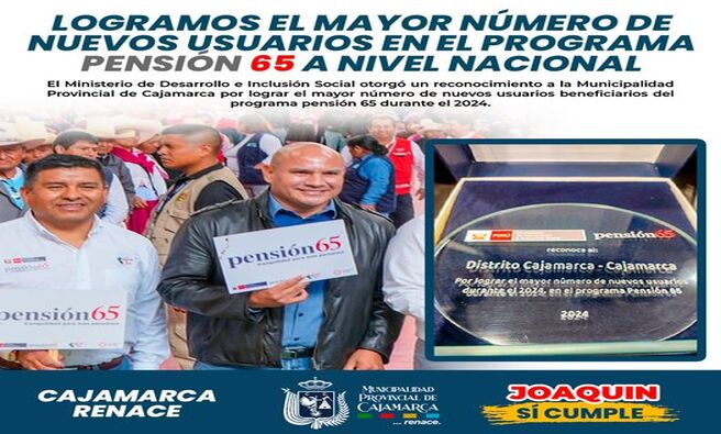 πͺ La Municipalidad Provincial de Cajamarca, liderada por el alcalde Joaquin RamΓrez, recibiΓ³ un reconocimiento por lograr el mayor nΓΊmero de nuevos usuarios beneficiarios del programa PensiΓ³n 65 durante el 2024.
π Este logro refleja el compromiso de la comuna local en apoyar a los ciudadanos mΓ‘s vulnerables de la provincia de Cajamarca y asegurar que reciban el beneficio que les pertenece por derecho.
π€ Β‘Con JoaquΓn RamΓrez, Cajamarca Renace!