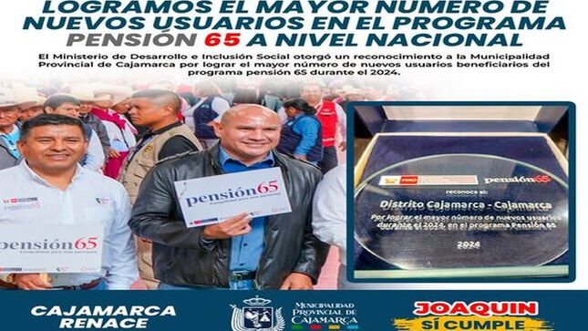 💪 La Municipalidad Provincial de Cajamarca, liderada por el alcalde Joaquin Ramírez, recibió un reconocimiento por lograr el mayor número de nuevos usuarios beneficiarios del programa Pensión 65 durante el 2024.
🙌 Este logro refleja el compromiso de la comuna local en apoyar a los ciudadanos más vulnerables de la provincia de Cajamarca y asegurar que reciban el beneficio que les pertenece por derecho.
🤝 ¡Con Joaquín Ramírez, Cajamarca Renace!