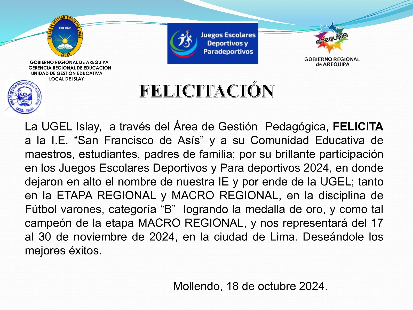 Felicitación I.E "San Francisco de Asís"