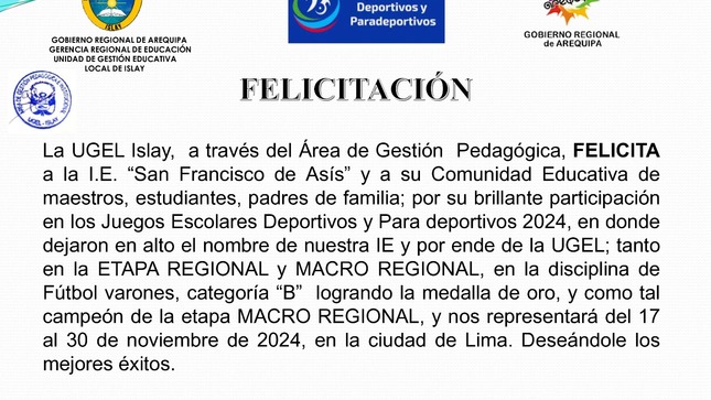Felicitación I.E "San Francisco de Asís"