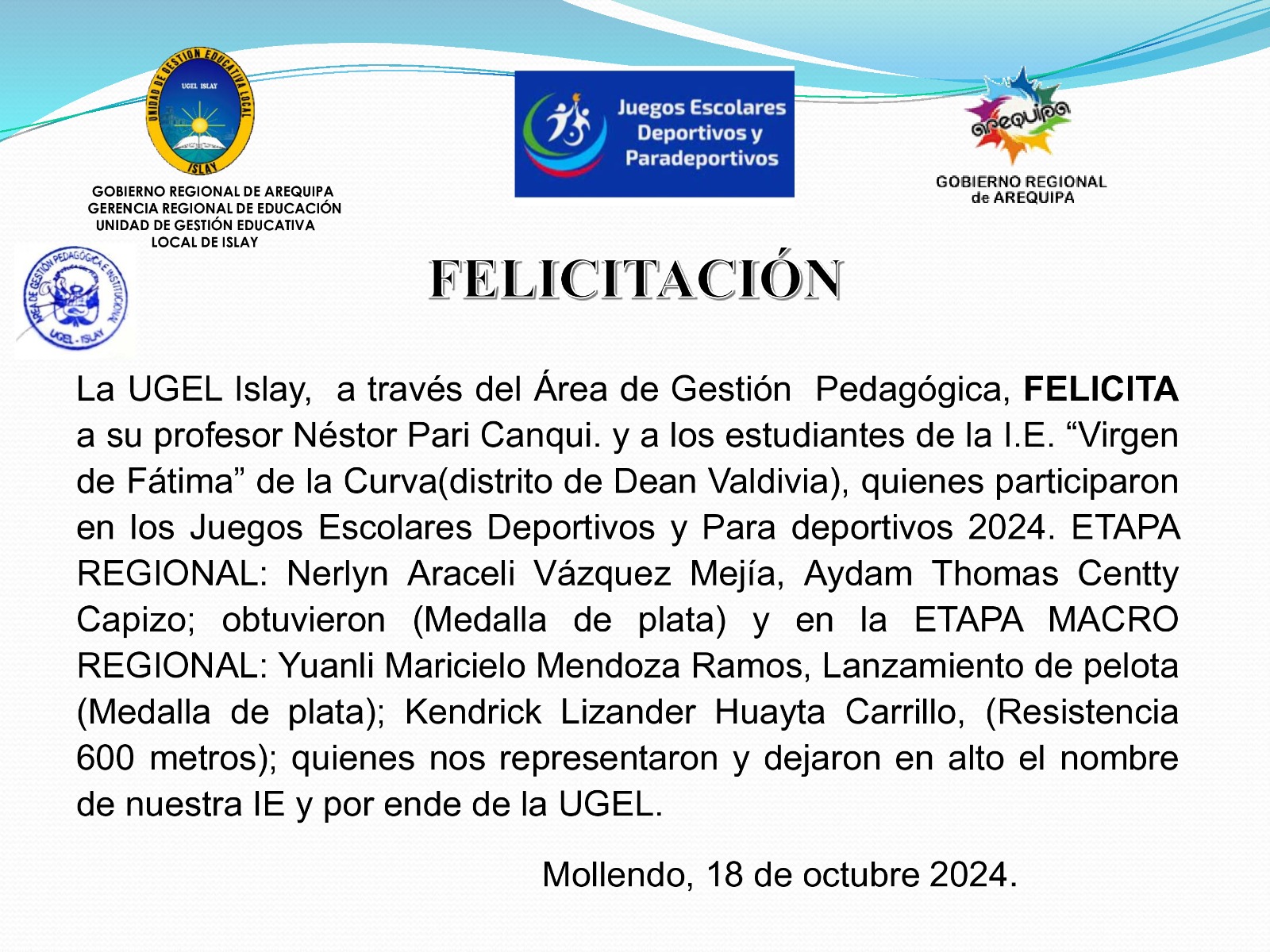 Felicitación I.E "Virgen de Fátima"