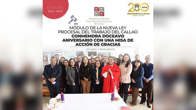 Módulo de la Nueva Ley Procesal del Trabajo de la Corte del Callao conmemora 12° aniversario con una misa de acción de gracias
