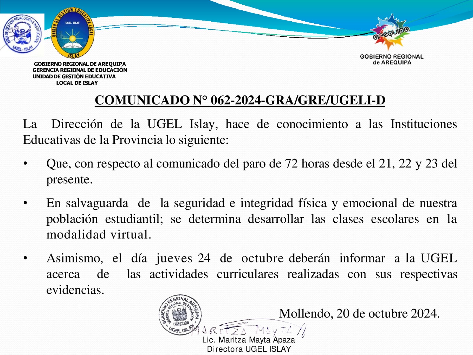 Comunicado Nº 062-2024-GRA/GRE/UGELI-D