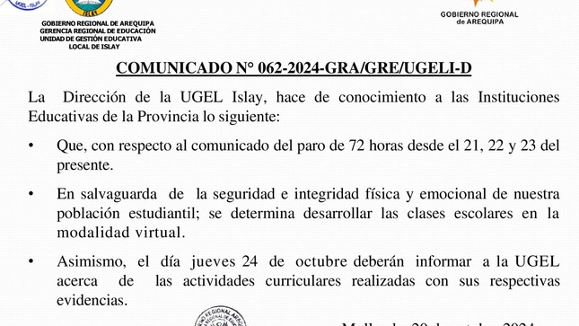 Comunicado Nº 062-2024-GRA/GRE/UGELI-D
