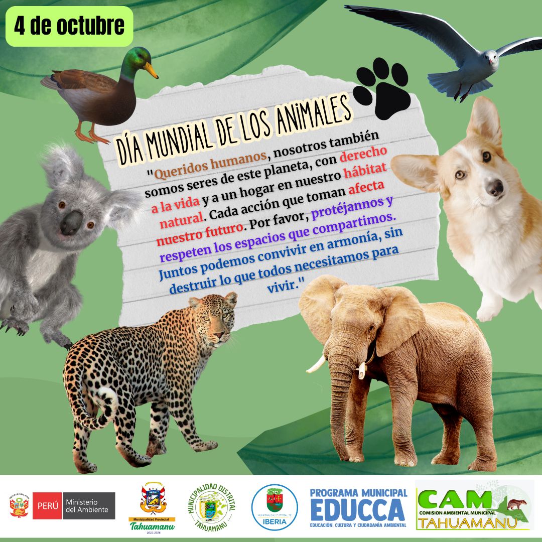 🚨#4_DE_OCTUBRE: DIA MUNDIAL DE LOS ANIMALES

🐯🦁🐰🐻🦊🐼🐸🐵🐕🐈🦜🐇🦝🦨🐾🦔🦥
"Queridos humanos, nosotros también somos seres de este planeta, con derecho a la vida y a un hogar en nuestro hábitat natural. Cada acción que toman afecta nuestro futuro. Por favor, protéjannos y respeten los espacios que compartimos. Juntos podemos convivir en armonía, sin destruir lo que todos necesitamos para vivir." ✍🏼