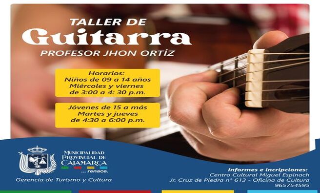 🎶 La Municipalidad de Cajamarca, a través de la gerencia de Turismo y Cultura, ofrecerá un taller de guitarra dividido en dos grupos, uno de 9 a 14 años y otro de 15 años en adelante.
🎓 El taller brindará a los participantes la oportunidad de adquirir habilidades técnicas, conocer los fundamentos teóricos y desarrollar su creatividad a través de la interpretación de diversos estilos musicales, en un ambiente seguro y propicio para el aprendizaje.
📝𝐈𝐧𝐟𝐨𝐫𝐦𝐞𝐬 𝐞 𝐢𝐧𝐬𝐜𝐫𝐢𝐩𝐜𝐢𝐨𝐧𝐞𝐬: Centro Cultural Miguel Espinach
📞 𝐓𝐞𝐥𝐞́𝐟𝐨𝐧𝐨: 965754595.
🗓️ 𝐈𝐧𝐢𝐜𝐢𝐨 𝐝𝐞 𝐜𝐥𝐚𝐬𝐞𝐬: 29 de octubre.