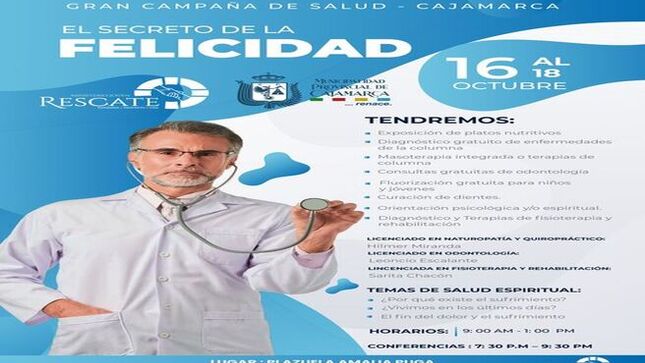 ‍👩‍⚕️La Municipalidad Provincial de Cajamarca, a través de la Gerencia de Desarrollo Social y Humano, en colaboración con la ONG Ministerio Joven Rescate, realizará la 𝐂𝐀𝐌𝐏𝐀𝐍̃𝐀 𝐑𝐄𝐒𝐂𝐀𝐓𝐄 del 𝟏𝟔 𝐚𝐥 𝟏𝟖 𝐝𝐞 𝐨𝐜𝐭𝐮𝐛𝐫𝐞 en la Plazuela Amalia Puga. 
‍⚕️Esta iniciativa tiene como objetivo brindar atención médica preventiva y gratuita a la comunidad cajamarquina. Los interesados podrán acceder a los servicios de manera personalizada sin costo alguno.
‍👨‍⚕️Se trata de una oportunidad valiosa para cuidar de la salud y bienestar de todos los cajamarquinos, fomentando la esperanza, el propósito y la vida en la provincia.
🙋¡𝐒𝐎𝐌𝐎𝐒 𝐑𝐄𝐒𝐂𝐀𝐓𝐄❗ ¡¡𝐓𝐞 𝐞𝐬𝐩𝐞𝐫𝐚𝐦𝐨𝐬❗❗
 🤝¡Con Joaquin Ramirez, Cajamarca Renace!