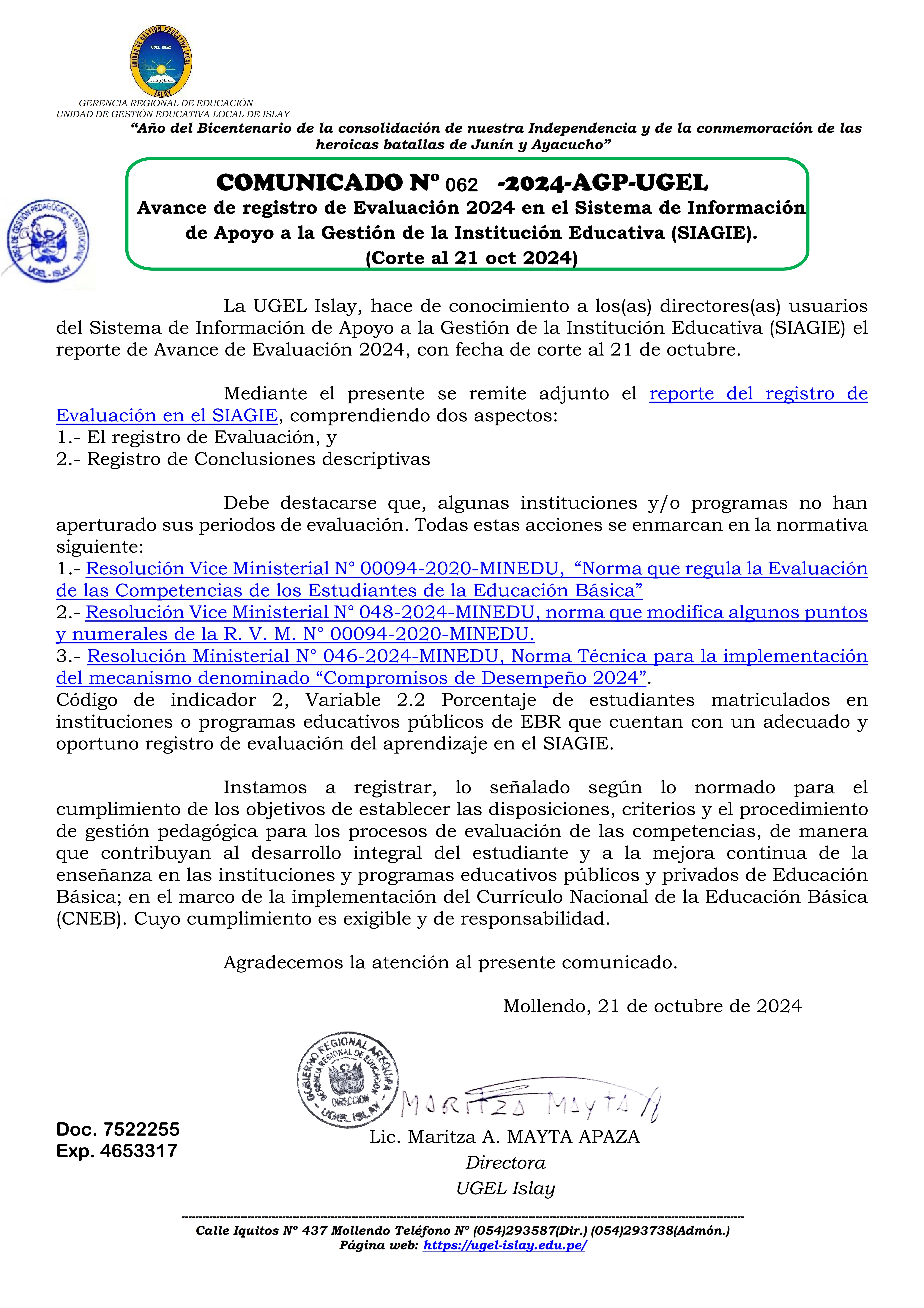 Comunicado N° 062-2024-AGP-UGEL