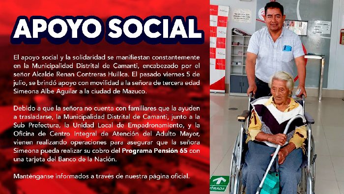 La Municipalidad Distrital de Camanti brinda apoyo a la señora Simeona Albe Aguilar en su traslado a Mazuco