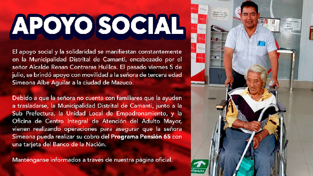 La Municipalidad Distrital de Camanti brinda apoyo a la señora Simeona Albe Aguilar en su traslado a Mazuco