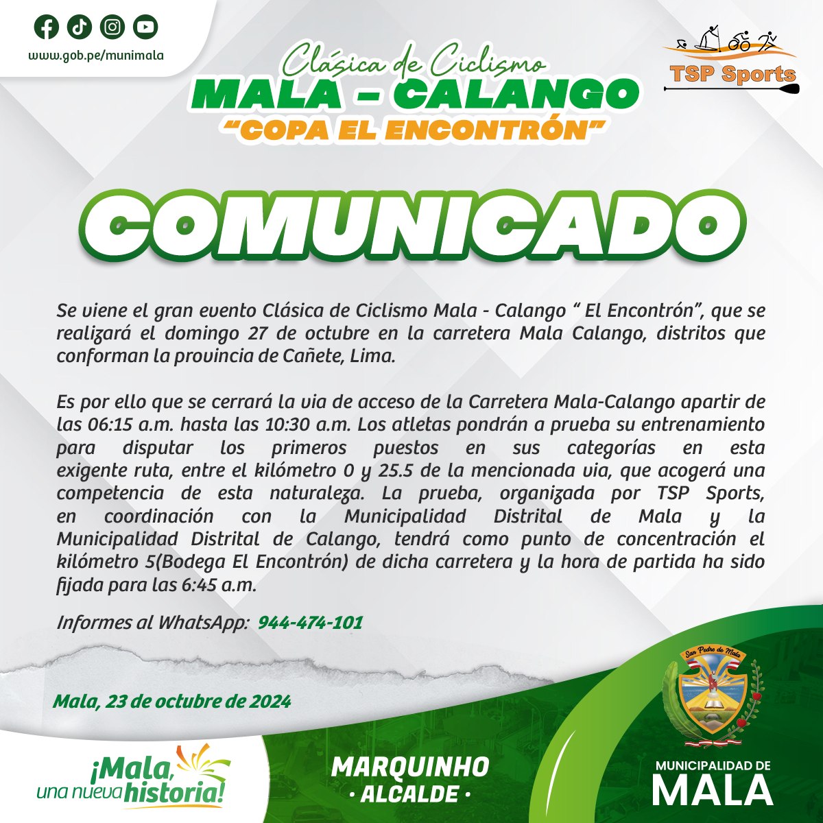 COMUNICADO: Cl谩sica de Ciclismo MALA - CALANGO "Copa el Encontr贸n"