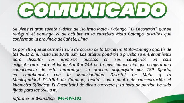COMUNICADO: Clásica de Ciclismo MALA - CALANGO "Copa el Encontrón"