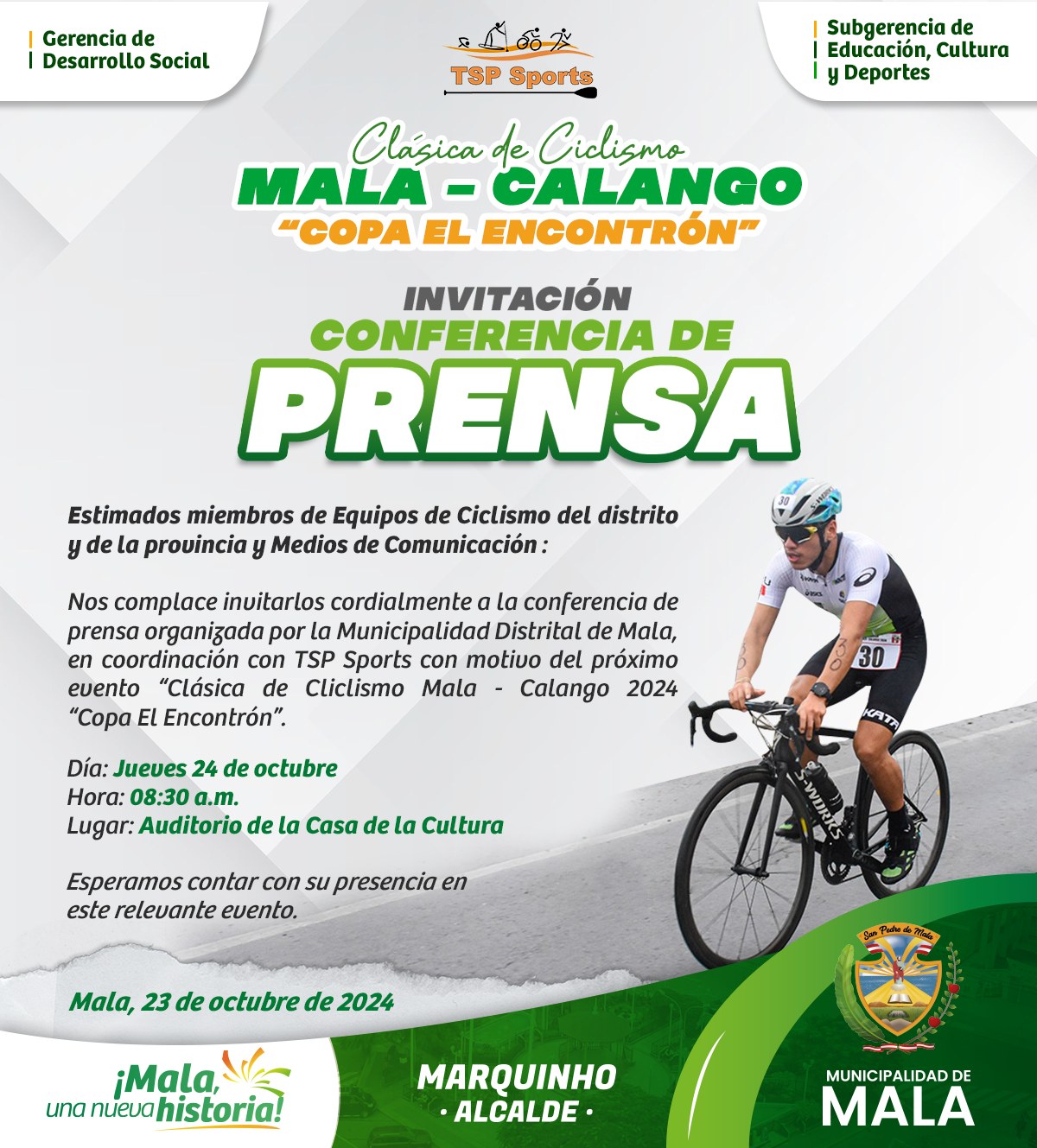 INVITACI脫N CONFERENCIA DE PRENSA: Cl谩sica de Ciclismo MALA - CALANGO "Copa el Encontr贸n"