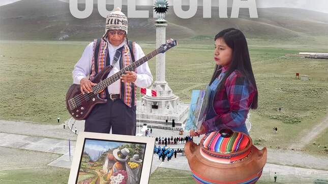 Señor sosteniendo una guitarra y una señorita al costado de fondo un paisaje