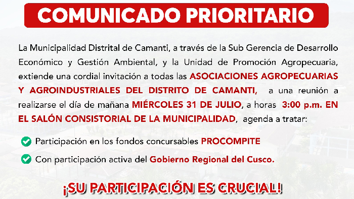 Convocatoria a reunión para asociaciones agropecuarias y agroindustriales