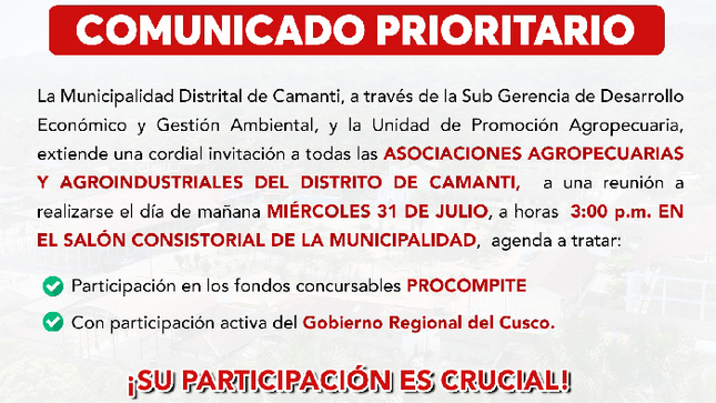 Convocatoria a reunión para asociaciones agropecuarias y agroindustriales