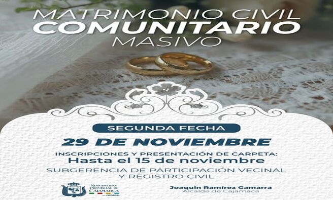 πLa Municipalidad Provincial de Cajamarca, invita a todos los vecinos que deseen unirse y formalizar su relaciΓ³n a participar de nuestra πππππππ π
ππππ para la celebraciΓ³n del matrimonio civil comunitario 2024 y la exoneraciΓ³n de derechos administrativos regulados.
βοΈLas parejas interesadas deben acercarse a la subgerencia de ParticipaciΓ³n Vecinal y Registro Civil - Complejo Qhapaq Γan.
πLunes a Viernes
β° 8:00 a. m. - 4:00 p. m.