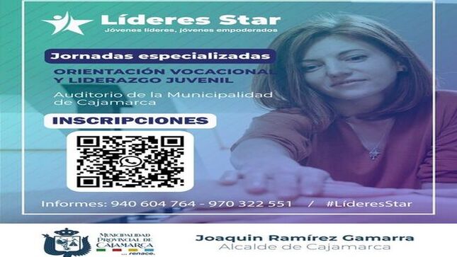 ✅Este programa contará con charlas, talleres, conversatorios y encuentros de diversos jóvenes de nuestra provincia. 
📝Inscripciones: 👉 https://chat.whatsapp.com/CXtAQj7M2LW3nG4QodNirA
📍En la oficina de la Sub Gerencia de Educación, Recreación y Deportes (A espaldas del estadio municipal).
💛¡Sé un gran líder! Es el momento de que seas la mejor versión de ti.
💛¡Jóvenes líderes, jóvenes empoderados!  
💛¡Con Joaquin Ramírez, Cajamarca Renace!