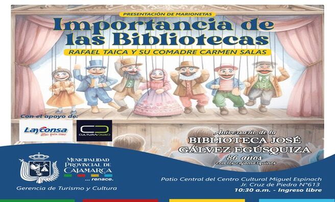 π Γnete a nosotros para disfrutar de "La importancia de las Bibliotecas", una puesta en escena de marionetas de Rafael Taica y su comadre Carmen Salas, organizada por la Municipalidad Provincial de Cajamarca, a travΓ©s de la gerencia de Turismo y Cultura, este jueves 26 de octubre en el patio del Centro Cultural Miguel Espinach.
β¨ Β‘Ingreso libre!
π€ Con el apoyo de la empresa Layconsa PerΓΊ y @Cultura CrΓtica
πͺ Β‘Con Joaquin Ramirez, Cajamarca Renace!