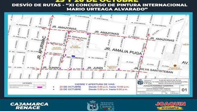 🎨 La Municipalidad Provincial de Cajamarca informa sobre las rutas alternas disponibles durante la undécima edición del Concurso Internacional de Pintura "Mario Urteaga Alvarado", a realizarse los días 25 de octubre, de 4:00 p.m. a 10:00 p.m., y el día 26 de octubre, de 5:00 p.m. a 6:00 p.m.
🤝 ¡Con Joaquin Ramirez, Cajamarca Renace!