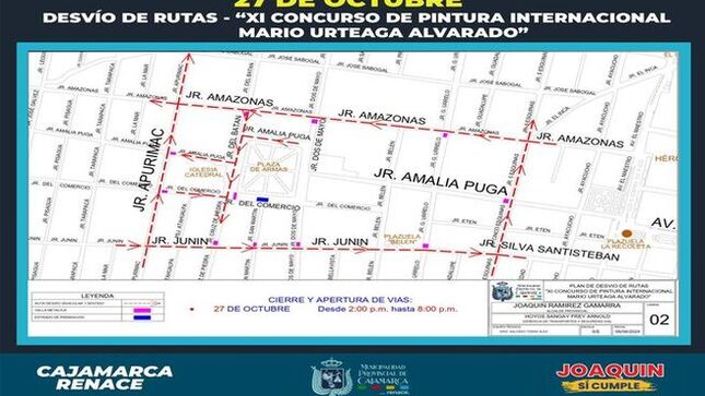 🎨 La Municipalidad Provincial de Cajamarca informa sobre las rutas alternas disponibles durante la undécima edición del Concurso Internacional de Pintura "Mario Urteaga Alvarado", a realizarse el día 𝟐𝟕 𝐝𝐞 𝐨𝐜𝐭𝐮𝐛𝐫𝐞, 𝐝𝐞 𝟐:𝟎𝟎 𝐩.𝐦. 𝐚 𝟖:𝟎𝟎 𝐩.𝐦.
🤝 ¡Con Joaquin Ramirez, Cajamarca Renace!