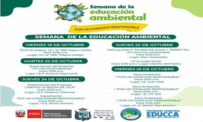 🌍La Municipalidad Provincial de Cajamarca, a través de la Gerencia de Desarrollo Ambiental organizó una serie de actividades para conmemorar la Semana de la Educación Ambiental, que se llevará a cabo del 18 al 25 de octubre. Durante este período, se busca sensibilizar a la ciudadanía sobre la importancia de adoptar prácticas sostenibles en su vida diaria, destacando el consumo responsable como eje central de las jornadas.
🌳 Entre las actividades planificadas se incluyen ferias ambientales, presentación de proyectos ambientales, talleres educativos, VII Cruzada Verde y visitas guiadas al Museo del Agua y la Tierra, donde los participantes podrán conocer de cerca el impacto de sus decisiones de consumo en el entorno.
💚 La actual gestión municipal invita a toda la comunidad a sumarse activamente a estas actividades, recordando que cada pequeña acción cuenta en la construcción de un futuro más sostenible. Con el lema "Todos juntos por un consumo responsable", esta semana busca generar un cambio positivo en los hábitos de los cajamarquinos en favor del medio ambiente.
🌱¡Con Joaquin Ramirez, Cajamarca Renace! #GDACajamarca