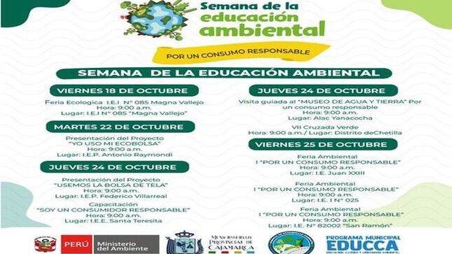 🌍La Municipalidad Provincial de Cajamarca, a través de la Gerencia de Desarrollo Ambiental organizó una serie de actividades para conmemorar la Semana de la Educación Ambiental, que se llevará a cabo del 18 al 25 de octubre. Durante este período, se busca sensibilizar a la ciudadanía sobre la importancia de adoptar prácticas sostenibles en su vida diaria, destacando el consumo responsable como eje central de las jornadas.
🌳 Entre las actividades planificadas se incluyen ferias ambientales, presentación de proyectos ambientales, talleres educativos, VII Cruzada Verde y visitas guiadas al Museo del Agua y la Tierra, donde los participantes podrán conocer de cerca el impacto de sus decisiones de consumo en el entorno.
💚 La actual gestión municipal invita a toda la comunidad a sumarse activamente a estas actividades, recordando que cada pequeña acción cuenta en la construcción de un futuro más sostenible. Con el lema "Todos juntos por un consumo responsable", esta semana busca generar un cambio positivo en los hábitos de los cajamarquinos en favor del medio ambiente.
🌱¡Con Joaquin Ramirez, Cajamarca Renace! #GDACajamarca