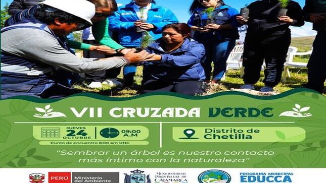 🌳 La Municipalidad Provincial de Cajamarca, a través de la Gerencia de Desarrollo Ambiental, organiza la VII Cruzada Verde en el distrito de Chetilla, como parte de las actividades de la Semana de la Educación Ambiental.
🌱 Este evento, que se llevará a cabo el 24 de octubre, contará con la participación de los Promotores Ambientales Juveniles y los Promotores Ambientales Comunitarios, quienes se unirán para fomentar la conciencia ambiental a través de la siembra de árboles, una acción clave para la reforestación y el cuidado del medio ambiente en la provincia.
💚 La municipalidad invita a toda la comunidad a sumarse a esta cruzada verde, que busca no solo embellecer el entorno, sino también contribuir a la sostenibilidad de los recursos naturales a través de acciones concretas que involucren a jóvenes y ciudadanos comprometidos con el futuro del planeta.
☘¡Con Joaquin Ramirez, Cajamarca Renace! #GDACajamarca
