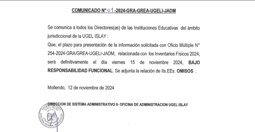 Comunicado Nº 01-2024-GRA-GREA-UGELI-JADM