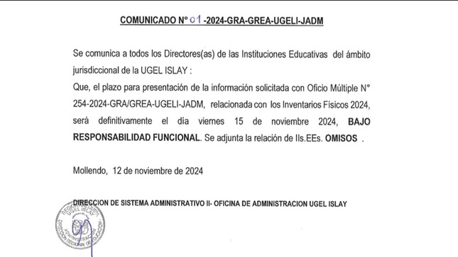 Comunicado Nº 01-2024-GRA-GREA-UGELI-JADM