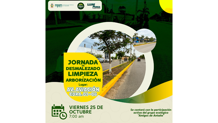 Jornada de desmalezado, limpieza y arborizaci贸n en la Av. Aviaci贸n Cdra. 01 - 06, parte baja de Tarapoto.