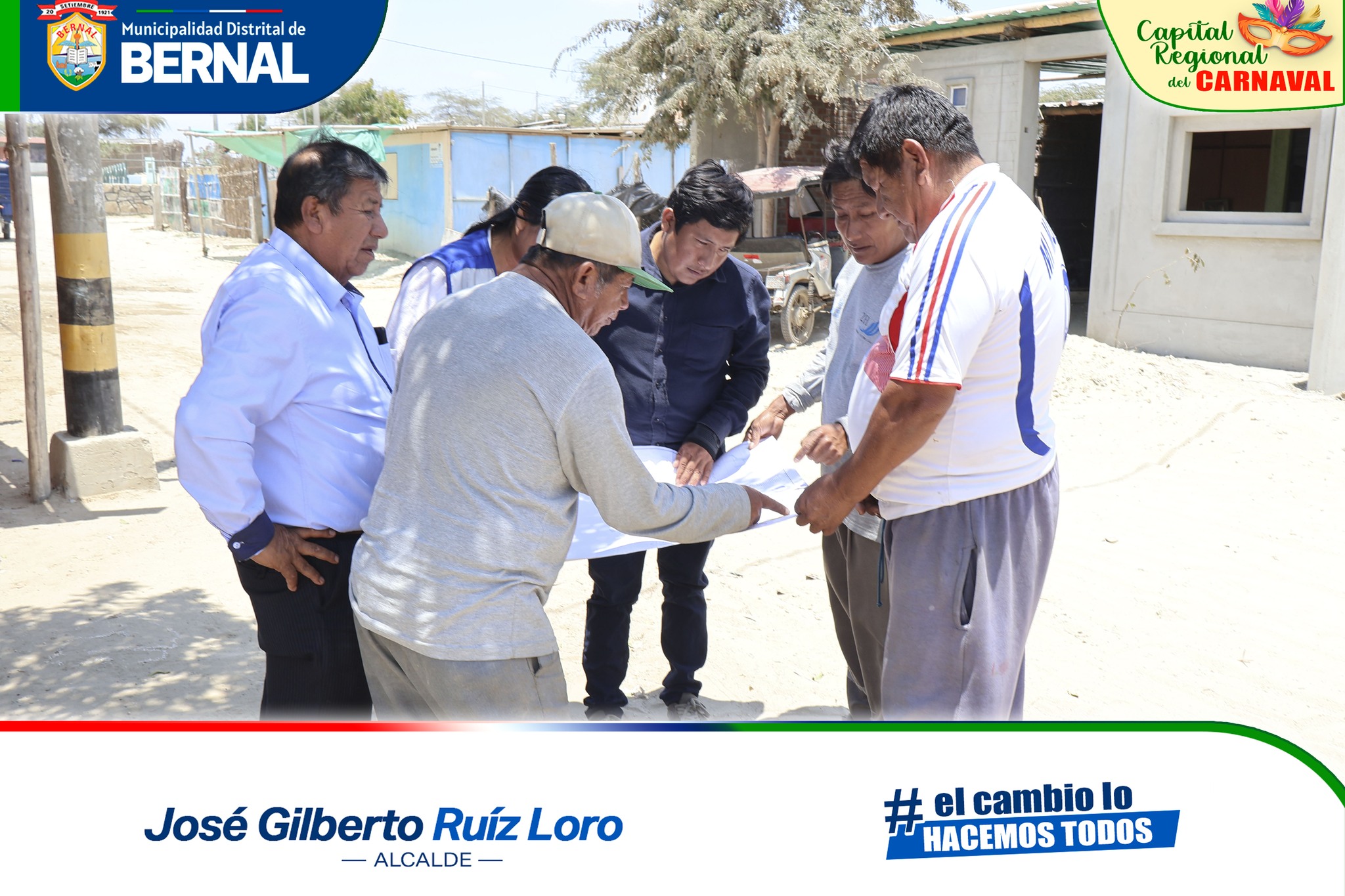 Alcalde de Bernal y representantes del Gobierno Regional de Piura realizan visita a de campo para evaluar terrenos municipales y coordinar proyectos.